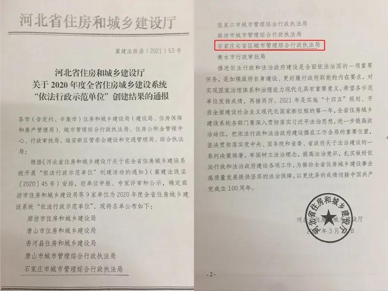 长安区城管局荣获省住建厅依法行政示范单位荣誉称号“星空体育a